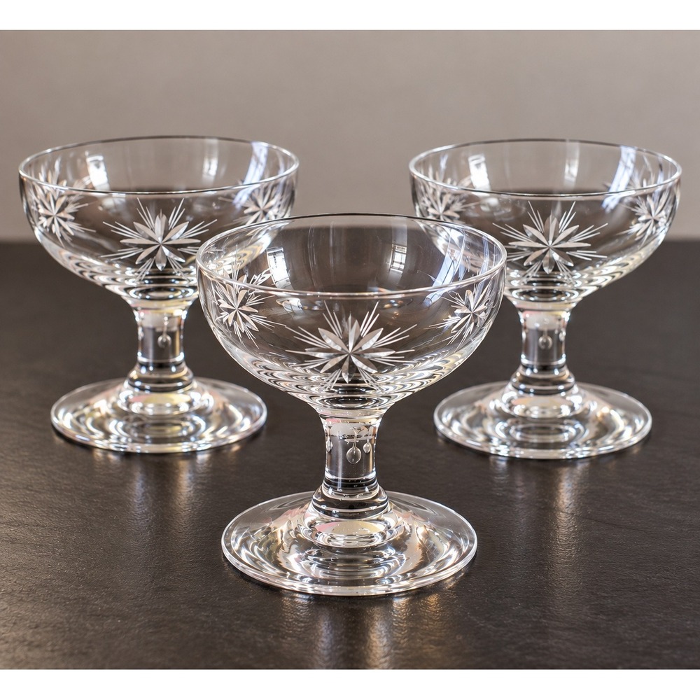 Vintage MCM Starburst Champagne Coupe Glasses Set of 3 Etched 3.5 In Atomic Star